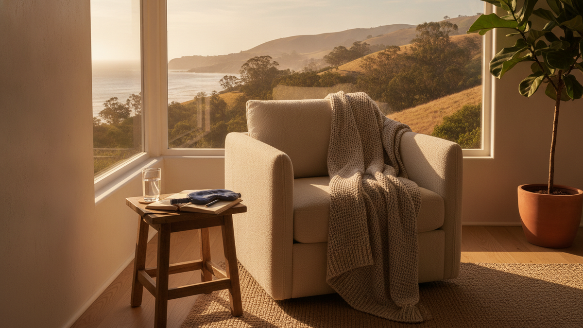 A cozy armchair with a knit throw blanket beside a large window overlooking golden California coastal hills and the Pacific Ocean, with a glass of water, journal, and eye mask on a wooden side table