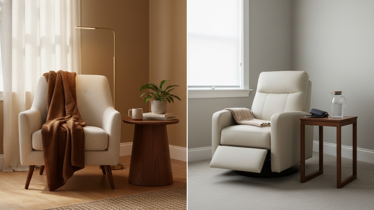 Diptych showing two empty treatment settings side by side: a warm home interior with a cream armchair and brown throw on the left, and a clinic recliner with a side table on the right