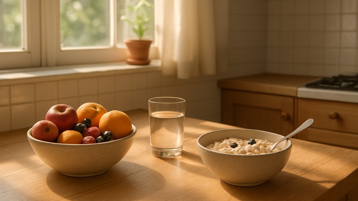 A bright home kitchen counter in soft morning light with a bowl of fresh fruit, a glass of water, and a bowl of oatmeal