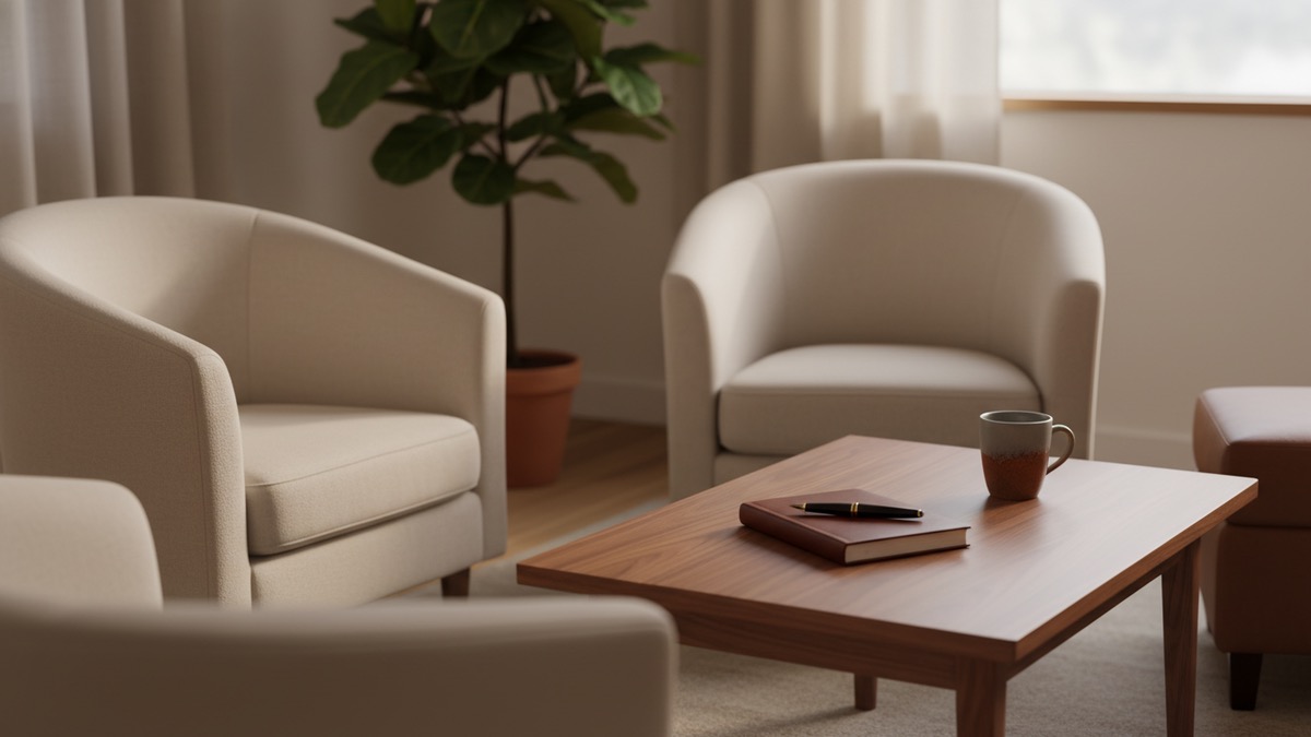 Empty 1-on-1 consultation room with two cream armchairs and a walnut table