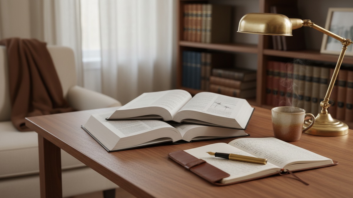 Walnut desk with two open medical journals, leather notebook, fountain pen, and brass desk lamp; cream armchair and walnut bookshelves in background