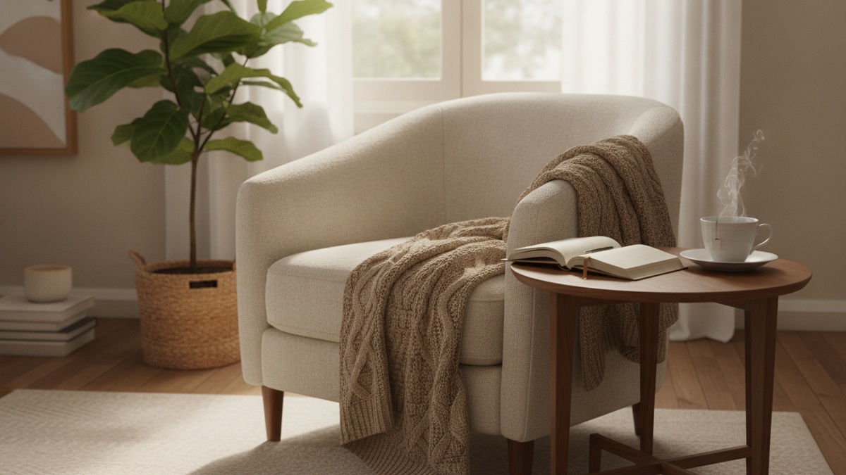 Serene home living room in soft morning light with a cream armchair, cozy knit blanket, journal and cup of tea on a walnut side table, and a leafy plant by a sunlit window