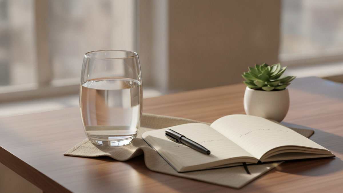 A glass of water, a stethoscope, and an open clinical notebook with a pen on a walnut desk in warm window light